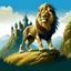 Placeholder: Full length illustration of a majestic lion standing at the foot of a hill on whose top there is a castle