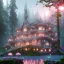 Placeholder: a magical flower yellow house in the woods, pink vertical, blue lake,sharp, vines, candlelit, endor, ornate, elegant, highly detailed, artstation, concept art, smooth, sharp focus, illustration, 8k, splash art, wallpaper, key visual