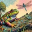 Placeholder: Create a digital pop art poster in the style of James Jean depicting a whimsical multicolored Toad sitting on a heavily textured fallen tree with rough bark and lichens and looking up at a dragon fly. Use a variety of pastel colors.