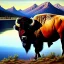 Placeholder: Drawing of 'American Bison',River,snow,Meadow,mountains,painting by Earl Norem, simon Bisley,frazetta,西嘛哒, evan lee, Vallejo,kelly oil on canvas, cinematic composition, extreme detail,fit full head inside picture,8k