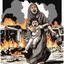 Placeholder: A Palestinian woman wearing the Palestinian dress carries her dead son as she screams and cries at night, with explosions in refugee tents behind her.