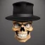 Placeholder: stunning disney Pixar cartoon, cartoon grumpy skull with hat, full shot, confused eyes, realistic eyes, beautiful perfect symmetrical face, extremely detailed, ultra hd, hdr, 8k, cinematic, dramatic lighting, Stanley Artgerm Lau style, beautifully color-coded,studio Portrait Lighting, illuminated face, golfers hat, hair sticking out of hat, plain black background, no gradient color