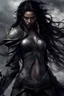 Placeholder: SA female elf with skin the color of storm clouds, deep grey, stands ready for battle. Her long black hair flows behind her like a shadow, while her eyes gleam with a fierce silver light. Despite the grim set of her mouth, there's a undeniable beauty in her fierce countenance. She's been in a fight, evidenced by the ragged state of her leather armor and the red cape that's seen better days, edges frayed and torn. In her hands, she grips two daggers, add dark shadow mystic purple flames