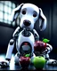 Placeholder: A robotic dog with an Apple logo called “iBots”, suggesting it’s made from an Apple product’s casing. Its glossy white and silver limbs are mechanically jointed, reflecting a scarabet’s anatomy. The design is a creative fusion of technology and organic form, compactly labeled “ibots.” Hyper detailled, hyper realistic, 4K, sharp render