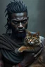 Placeholder: beautiful black skin warrior man gray hair holding a cat