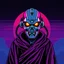Placeholder: 8 bit pixelart of a terminator like robot, synthwave colored, vaporware, budist monk robe