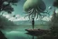 Placeholder: A skinny woman with a black bob hairstyle, in a green and silver suit, standing, looking out over a lake, in an alien forest, with tall narrow cloud trees, with flying dandelion heads with octopus tentacles