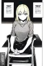 Placeholder: blonde girl converses sitting on a chair., grayscale, manga page