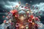 Placeholder: Dynamic complex hypnotic of 3D structures Symmetry twisting and morphing between cifi plants ,flowers and metal geometric 3d structures , smooth translucent iridescent glass with inner glow and bubbles, varied transparent materials, stormy skies, intense dramatic