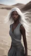 Placeholder: A hyper realistic photo of: Some forgotten realms strong dark skinned draw a beautiful girl with long white hair wades into a strongly dark grey colour emitting magically radiating and bubbling color pool in an endless windswept level landscape of only sand and grit. photorealistic, bokeh, masterpiece, smooth shading, ultra detailed, high resolution, cinematic, unreal 6, subtle shadows, octane render, 8k, cinema 4d, HDR, dust effect, vivid colors, thin line draw