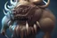 Placeholder: closeup of a maniacal monster's face, big teeth, tusks, fur, bumps and curled horns, my pet monster inspiration, urban character design