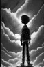 Placeholder: cartoon boy standing in an endless void, sky , beautiful, rich deep colors, painting, intricate artwork, detailed, in the style of T Allen Lawson and Ian Fisher and Sidney Richard Persson, black and white only, dark, gritty, science