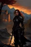 Placeholder: A formidable warrior girl in black armor, on the background Amazing gloomy landscape, flooded with sunset, mountains, trees, fabulous scary hero, , juicy emotions, painting, dark fantasy, gloomy day, dark world, portrait, Gothic Town At Night, Fantasy, Intricate Details, Castle Courtyard Gardens, Hyper Detailed, Jean Baptiste Monge, Carne Griffiths, Michael Garmash, Seb Mckinnon, Masterpiece