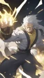 Placeholder: A man fighting with his hands have white Pretty hair and yellow glowing eyes and strong muscles