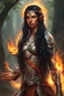 Placeholder: Imagine a powerful eladrin druid with striking black hair. Her eyes glow like intense fire as she effortlessly conjures flames with her hands. Long hair, half braided and cascading, appears ablaze, emitting fire. Clad in light armor, she relies on magic and fire, bearing a significant scar on her face. Tanned skin complements her commanding presence, while a fiery crown-like adornment graces her black hair.