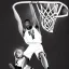 Placeholder: Realistic, drawing, black and white, basketball player, slam dunk