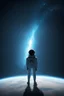 Placeholder: An image of a person standing alone in space, looking down on Earth. Stars are viewed in the background and a light blue glow on the background.