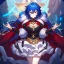 Placeholder: Clear focus, High resolution, rough line art, cute, cartoon, medium blue hair, hair between eyes, fluffy hair, red eyes, super cool outfit with a split skirt, black red and gold color scheme