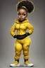 Placeholder: Create an airbrush image of a curvy chibi cartoon black female wearing a yellow jogger set and black sneakers. Prominent make up with hazel eyes. Extremely highly detailed of messing curly bun