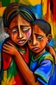 Placeholder: a girl hug her brother and both crying sadly, expressionism, Pixar style, in abstract art Basquiat, Picasso, Miro, Kandinsky, Klee, Birell, Fairey, Ardon, Buffet and Picasso style, HD --s 750 --v 5.1 --style raw, water color