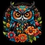 Placeholder: a colorful American owl face around big flowers mandala black background