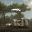 Placeholder: A recreational vehicle with solar panels and hanging from a tree