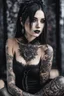 Placeholder: Girl goth many tattoos on his body, siting, fullbody, made background liquid, macro photography,