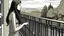 Placeholder: Illustration of a 23 year old Caucasian woman with long brown hair, wearing a black and white striped bikini, standing on a balcony with a metal railing, looking out at a green landscape with trees and a man walking on a path. The building behind her has a textured gray wall and wooden panels. The style is reminiscent of a hand-drawn sketch with bold outlines and a limited color palette, creating a graphic novel effect.