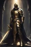 Placeholder: photorealistic holy knight paladin in very dark gold armor and a cape wielding a greatsword and unhelmet in abyss