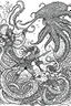 Placeholder: coloring pages for kids, 3 beatifull merman warriors fighting against a big octopus underwater, 8k, hyperdetailed, cinematic, 3d render, photo. cartoon style, thick lines, low detail, black and white, no shading, --ar 85:110