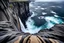 Placeholder: massive intimidating rock cliffs ascend all around and further up out of view. far below, the stormy ocean swirls intimidatingly. The ocean water falls off a waterfall down into unknown depths.