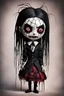 Placeholder: full color, illustration of a dark menacing Victorian goth vampire girl, tall and willowy ala Wednesday Addams, as a decayed, broken, crude homemade patchwork cloth doll toy, with a cracked porcelain face, thick dark eyebrows, hair made from ragged strips of cloth, art in the style of Alex Pardee and Tim Burton