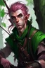 Placeholder: Male wood elf, rogue assassin, copper skin, bright green eyes, messy mauve hair, sneaky, trees, stoner, long bow, black leather straps, disheveled, smoking weed