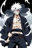 Placeholder: A manga-style portrait of a fierce male Shinigami from Bleach, Kazuma Saito, tall and muscular, with wild silver-gray hair, steel-colored eyes, and a scar across his left brow and cheek. He wears a tattered captain's haori of the 11th Division, open kimono revealing a dragon claw tattoo on his chest, and metallic claws (Haganetsume) on his forearms. He smirks defiantly, standing in a dynamic pose with silver reiatsu swirling around him. Background: ruined Seireitei with dark clouds and claw-like