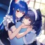 Placeholder: Clear Focus, High resolution, wearing a maid uniform, fluffy hair and a long ponytail, blue hair, cat ears, meowing, hugging another girl with red long fluffy hair also wearing a maid outfit, looking at you