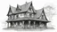 Placeholder: A front elevation line drawing of a fantasy mediaeval ramshackle house.