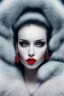 Placeholder: Minimalistic portrait of a beautiful woman with red lips and cold big eyes wearing earrings, a light pink fur coat in a haute couture style isolated on a dark background, cinematic lighting, ultra-realistic, shot in the style of hasselblad