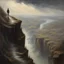Placeholder: oil painting, an old track on a tall cliff, a man standing on the cliff and looking at the flooded city below him