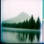 Placeholder: A polaroid photo of a group of fir trees in the background and a high hill in the distance. A lake. The surface below is in a pastel color. Fog is present.