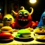 Placeholder: Close-up shot of ultra realistic odd monsters dining, vivid, ultra realistic, Joan Miró, hypermaximalist figures, light, Italian 1970's odd movie, hilarious, Minicavio Quollati style, photography by Marlost Endgulp, ornate, 4k, photorealism