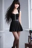 Placeholder: top quality, full body shot, standing, long tight curly hair with bangs, fair skin, subtle makeup, slender, short pleated skirt, corset, stockings, soft lighting, diffused, smiling expression.