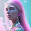 Placeholder: A portrait of a crystalised girl,smiling, laughting, long hairs white , atmospheric, realistic,, cinematic lighting, octane render,, pink turquoise light, white skin, pink atmosphere