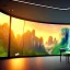 Placeholder: large desk, parquet, sheet of paper, little pen, office chair in front of a huge picture window with large view on a waterfall with warm light, sunset ,photorealistic, detail, panorama, nature, globe, HD, Hallelujah mountains, view first person