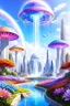 Placeholder: very beautiful, flowers, garden, cité futuriste ultra moderne, ufos rainbow, cascade colorée, dômes