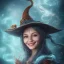 Placeholder: A smiling witch with a beautiful face and full and detailed details performing magic of water, fire, wind and earth with a wooden and crystal wand shining in various colors with a background of large and beautiful dragons flying in an azure sky with A background of a large snake with many heads, in full detail