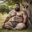 Placeholder: close up of a 38 year old marocan shepherd tattoed, sturdy, hairy muscular chubby, with short black beard and big nose, relaxes sitting leaning against a tree in the middle of a meadow full of grazing sheep, shirtless with ruined old shorts, strong and muscular hairy legs, bare feet, photorealistic bucolic scene,