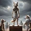 Placeholder: stands on top a wooden box a thin, young sad anthropomorphic wolf in full body hair with autentic wood-bone necklace hanging in his neck and in white belt , front him two older anthropomorphic wolves white Chef's Bib Snap Apron look at him, stormy sky, in blur background more different anthropomorphic wolves stand in body hair and looking them , realistic, detailed, cinematic, sci-fi, digital art, fantasy mood