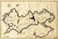 Placeholder: a scan of an ancient Cree land map of a fictional place, printed black and white but has since been stained and weathered