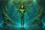 Placeholder: Ecological Art, plants, floating earths, long leaf tendrils, green colors and shades, in blue waters full body beauty mitical human-plants mutant meditates in stunning alien flora , cinematic, mistic mood