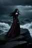 Placeholder: A somber woman, dressed in gothic attire, in deep, dark colors standing alone on a massive, jagged rock jutting out into the ocean. stormy sky , her long black hair whips around her face, streaked with raindrops as they tumble from the heavens. Despite the cold and dampness of the air, she remains stoically still, as if the rock were her only anchor in this tempestuous world. dramatic, epic mood,, intricate detail, creepy stunning